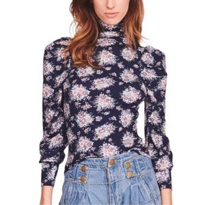 LOVESHACKFANCY Vienna Deep Marine Blue Floral Print Long Sleeve Turtleneck